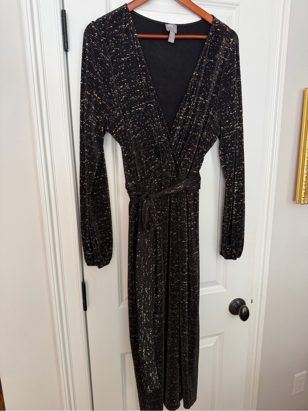 ASOS Black Plisse Long-Sleeve Wrap Dress with Gold Sparkle